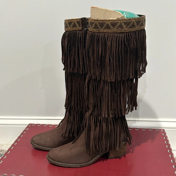 Donald Pliner Women’s Couture Brown Suede Fringe Boots Denise Knee High Beaded 7 - Picture 7 of 14